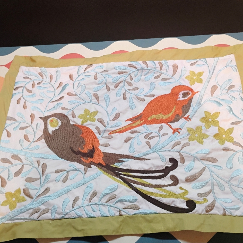 Vtg Embroidered Bird Floral Pillow Cover Case Cottagecore 18x13 Zipper C